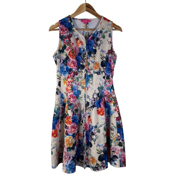 Betsey Johnson Dress Womens 8 Colorful Floral Scuba Career Midi Wedding A-Line - Picture 2 of 12